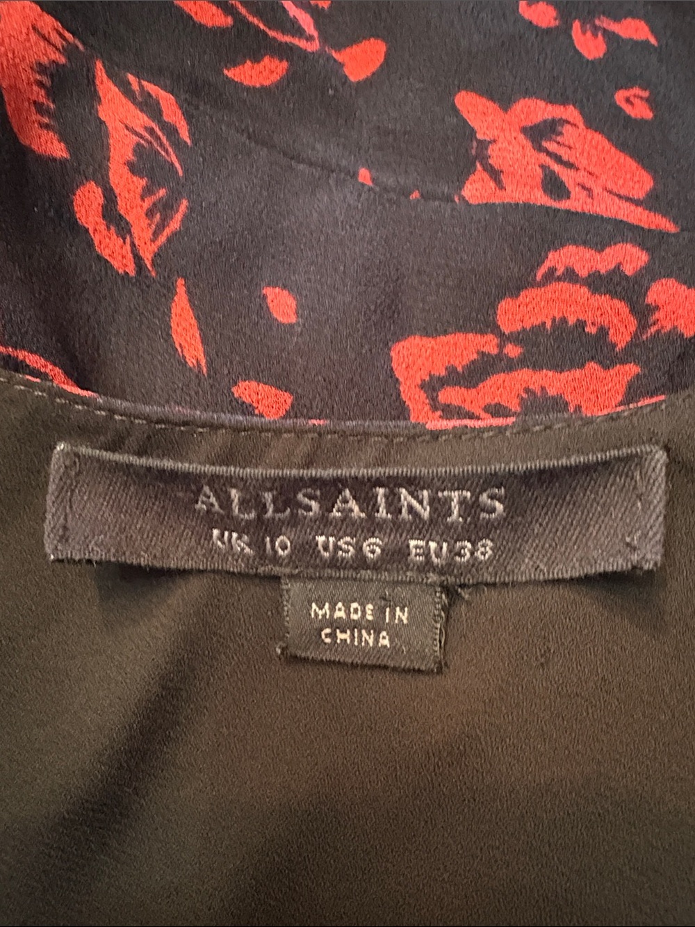 AllSaints Luca Eira Black Red Floral Mini Dress Short Sleeve V-Neck - size 6 - Picture 2 of 3